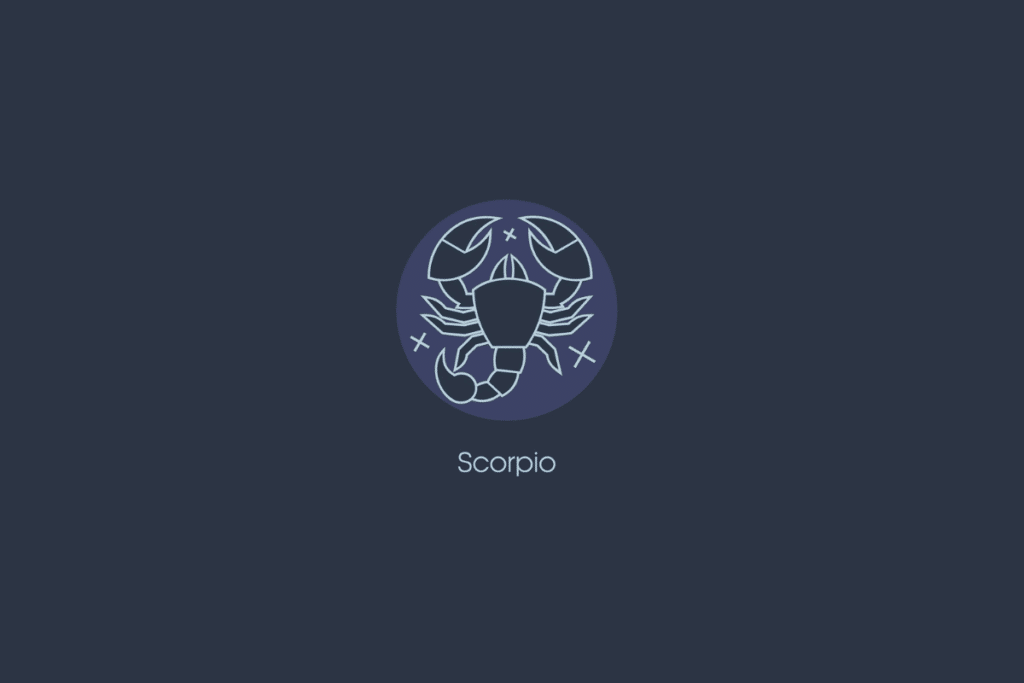 Ilustração do signo de escorpião dentro de um círculo azul-claro com estrelas, nome do signo abaixo e fundo azul-escuro