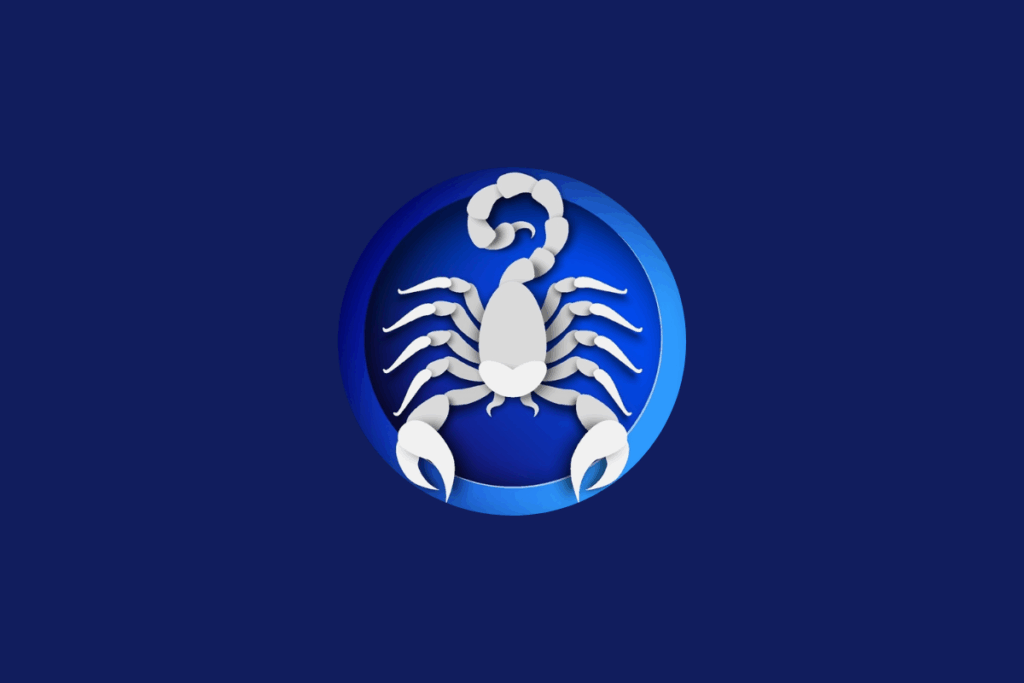 Ilustração do signo de Escorpião em cinza, dentro de uma esfera com cores mesclando tons de azul-claro e azul-escuro, centralizada sobre um fundo azul-escuro