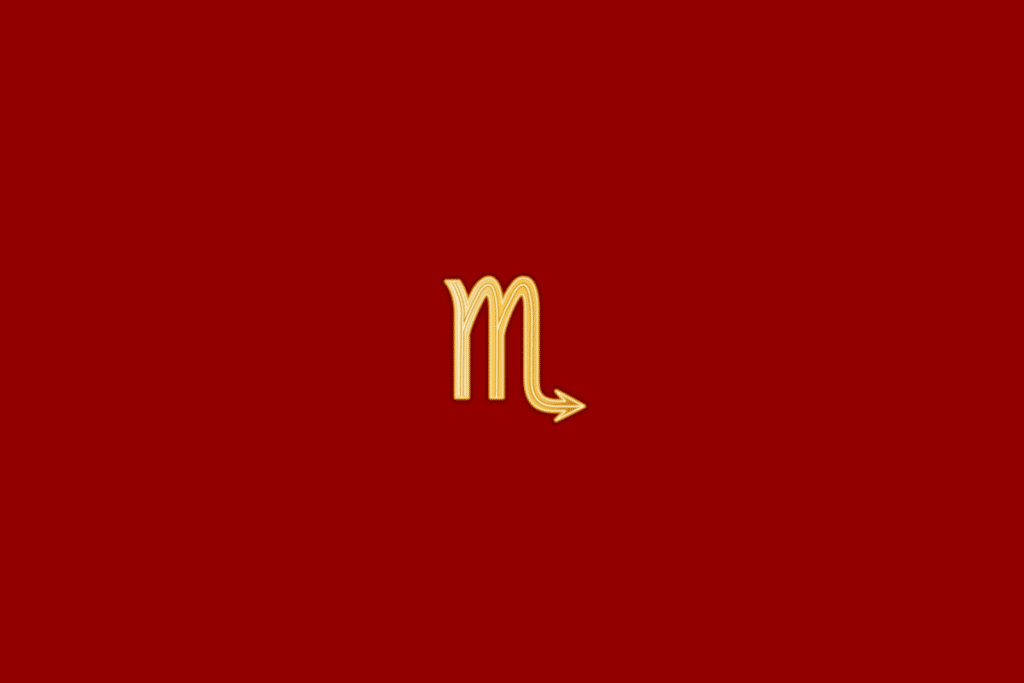 Ilustração do signo de escorpião em dourado, centralizado em fundo vermelho