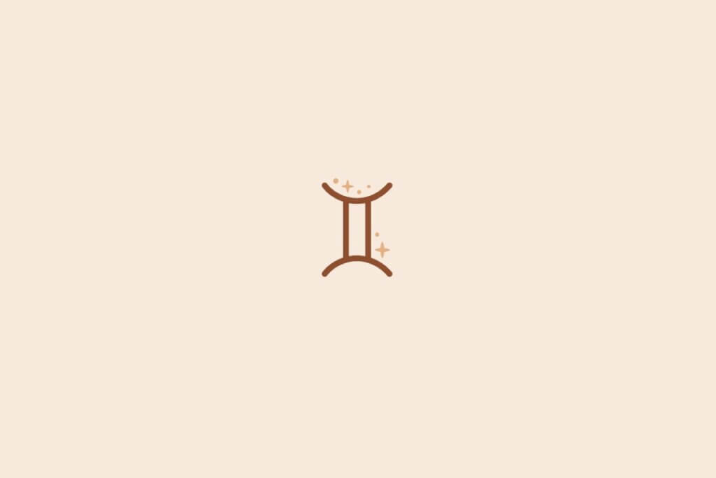 Imagem minimalista com fundo bege claro e um símbolo marrom de Gêmeos no centro, acompanhado de pequenos detalhes místicos acima do desenho