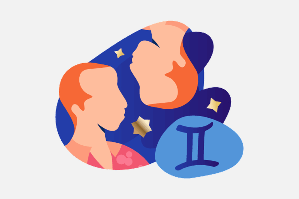 Ilustração do signo de Gêmeos, contendo dois perfis lado a lado e o símbolo de Gêmeos em um balão azul.