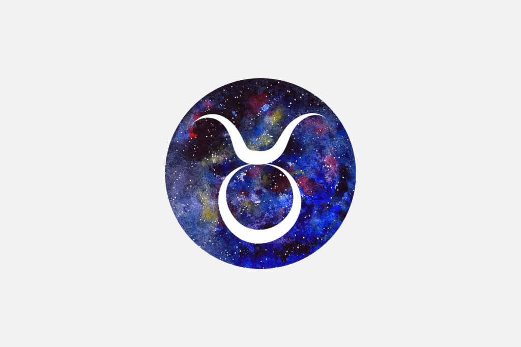 Ilustração do signo de Touro, em fundo cinza-claro, contendo um disco com textura de galáxia estrelada em tons de azul e violeta com o símbolo do touro, formado por um círculo e dois chifres em traço branco.