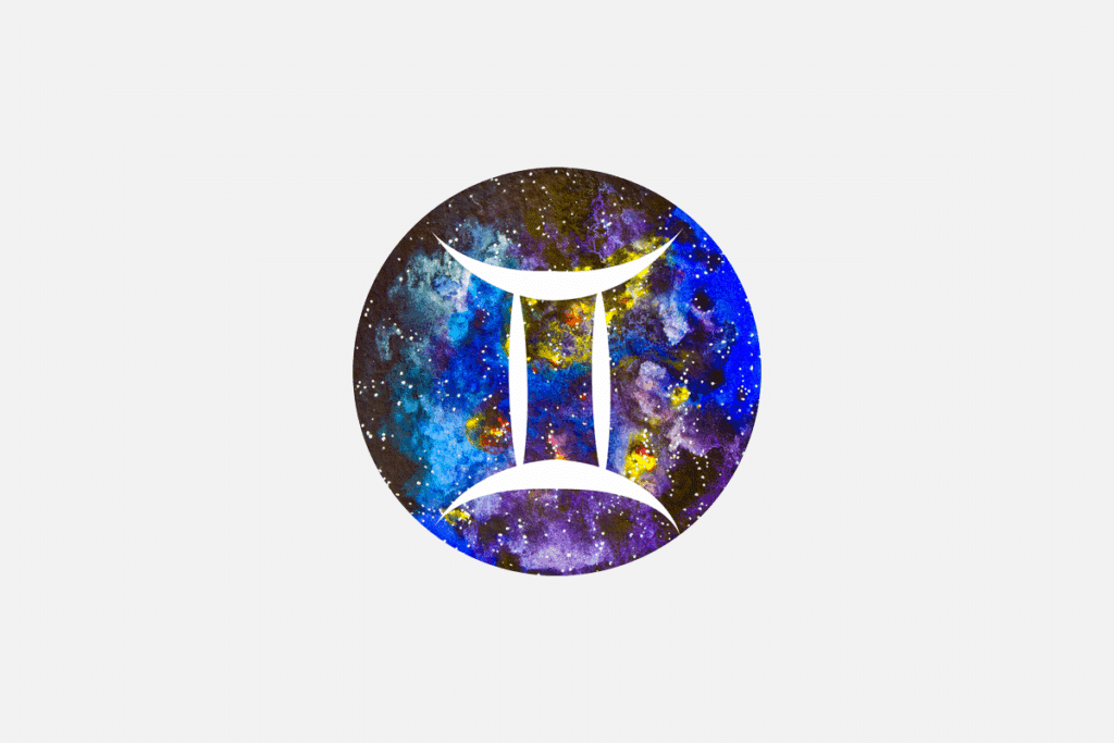 Ilustração do signo de Gêmeos, em fundo cinza-claro, contendo um disco com textura de galáxia estrelada em tons de azul e dourado com o símbolo dos gêmeos, formado por duas colunas paralelas unidas por traços curvos em branco.