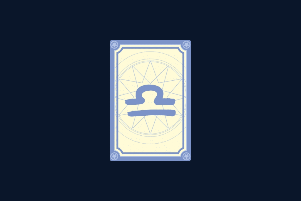 Ilustração do signo de Libra, contendo um arco sobre duas linhas horizontais, no centro de uma carta de tarô, em fundo azul-escuro