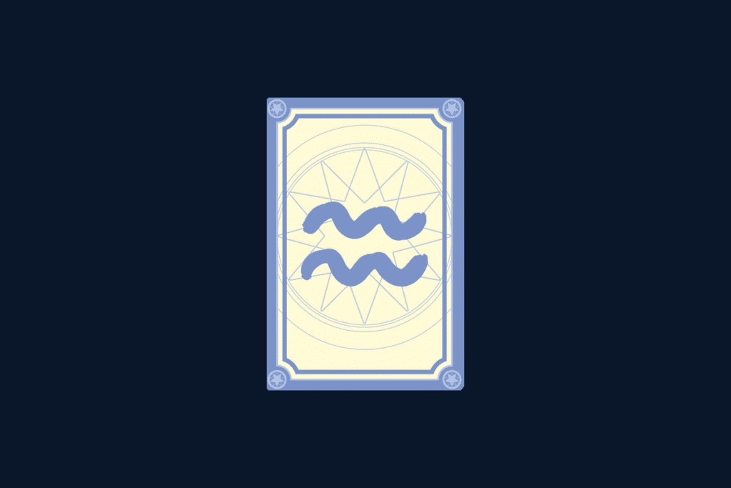 Ilustração do signo de Aquário, contendo o símbolo do aquário, com duas linhas onduladas paralelas, no centro de uma carta de tarô, em fundo azul-escuro