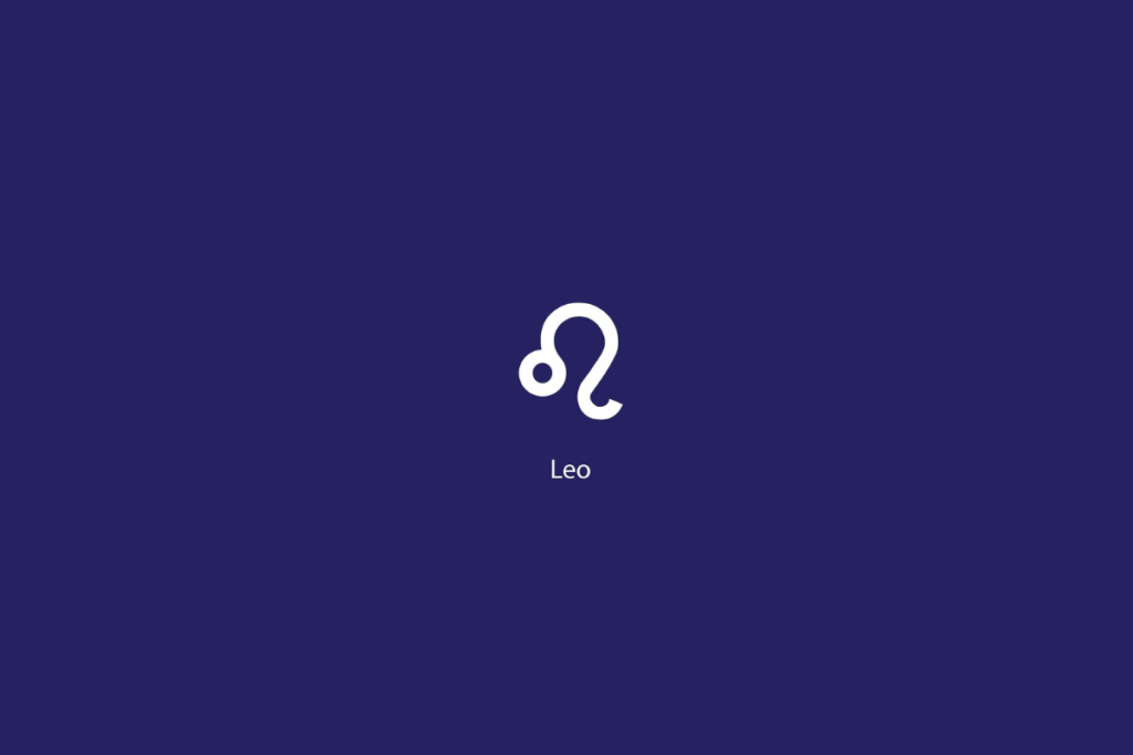 Ilustração do signo de Leão em branco, com o nome abaixo, centralizado, sobre um fundo azul-escuro