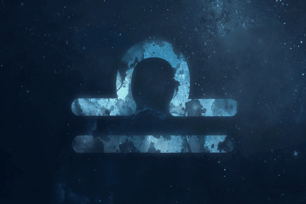 A imagem mostra o símbolo do signo de libra em destaque sobre um fundo que representa o espaço, repleto de estrelas e nebulosas. O ícone aparece em tons de azul, com textura que se mistura ao cenário cósmico.