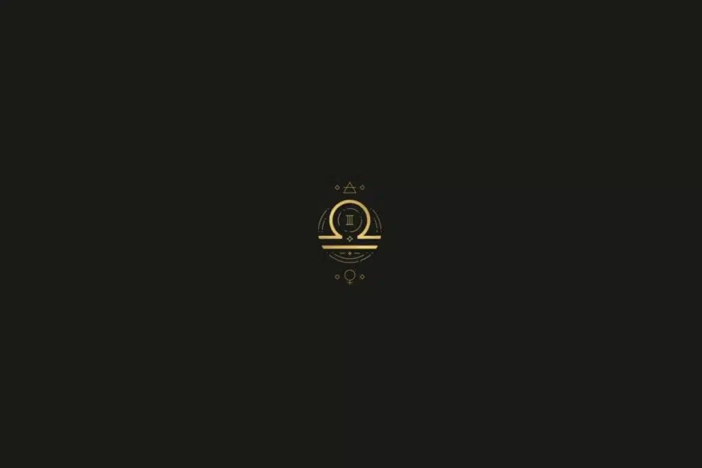 Ilustração do signo de libra na cor dourada, com estrelas, quadrados e triângulos ao redor, em um fundo preto
