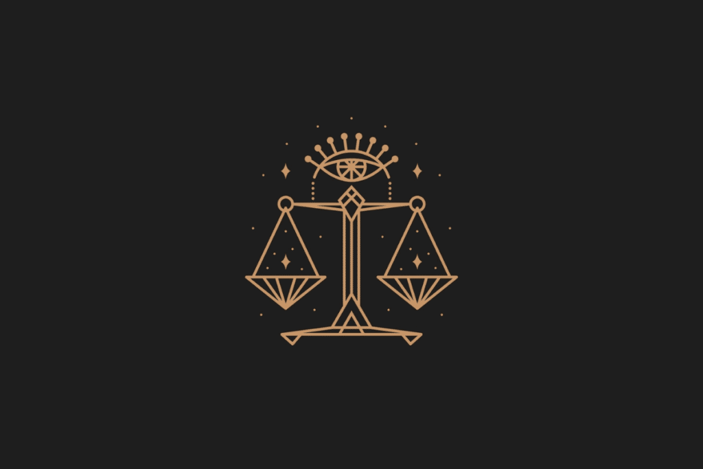 Ilustração do signo de libra em dourado, com estrelas ao redor, centralizada sobre fundo preto