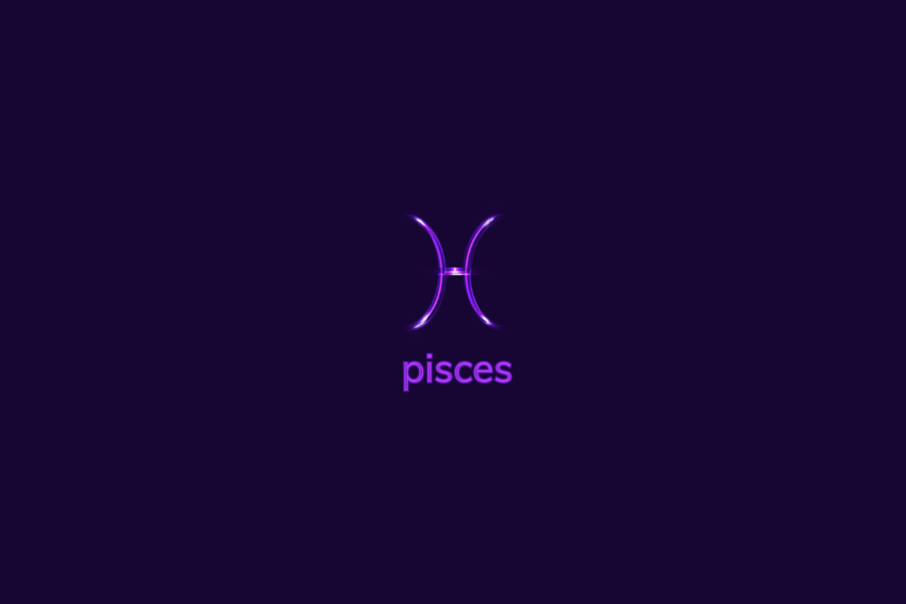 Ilustração do signo de peixes em roxo-claro, com luzes brancas, nome do signo abaixo e composição centralizada sobre fundo roxo-escuro