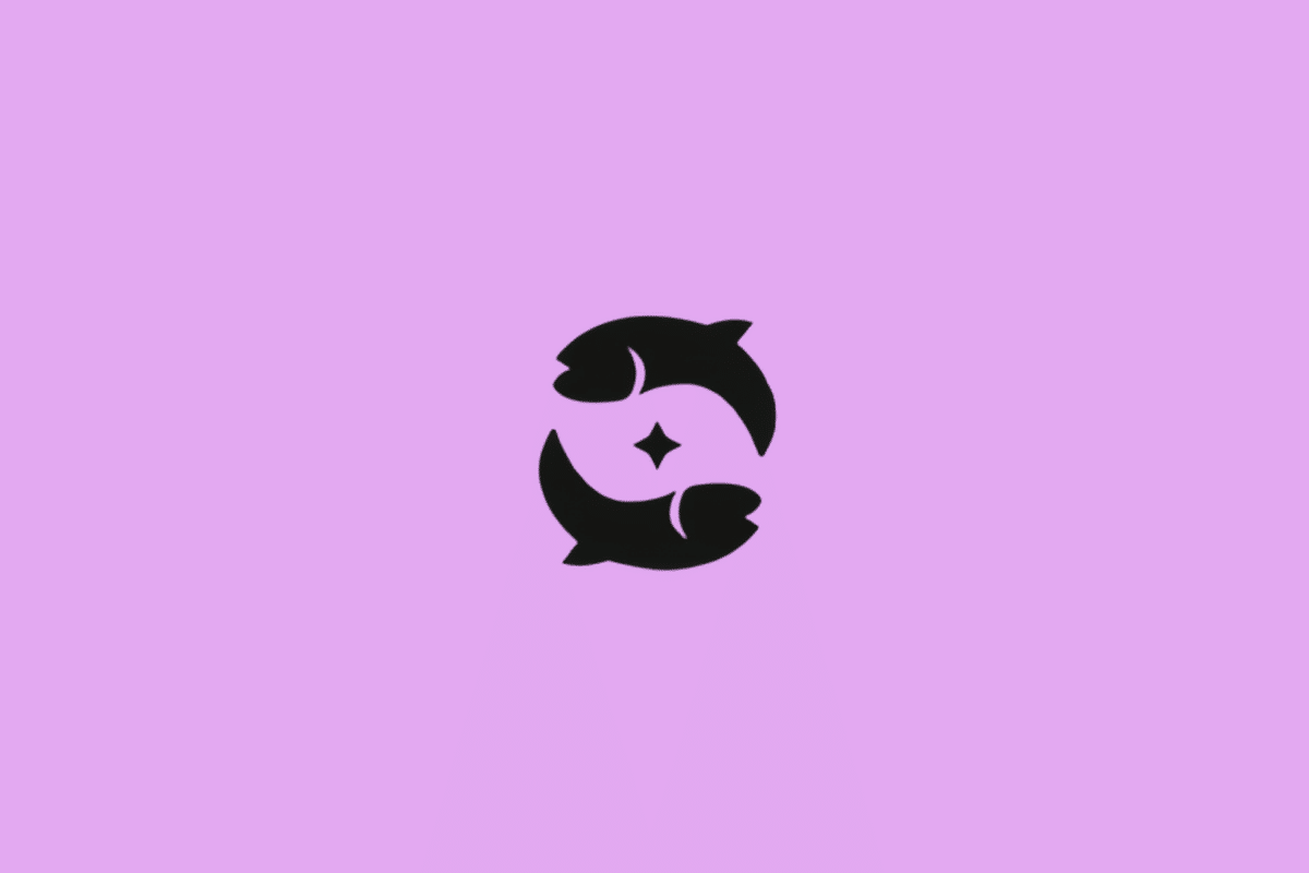 Símbolo do signo de Peixes em preto com uma estrela em fundo roxo
