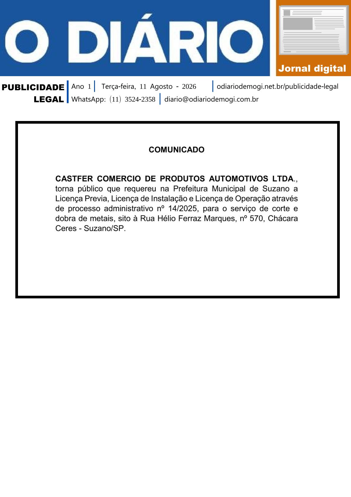 Terça-feira, 11 de Agosto 2026