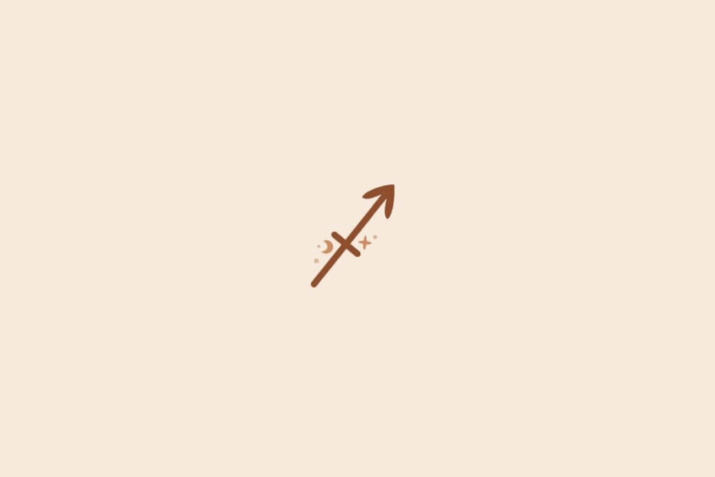Imagem minimalista com fundo bege claro e um símbolo marrom de Sagitário no centro, acompanhado de pequenos detalhes místicos acima do desenho
