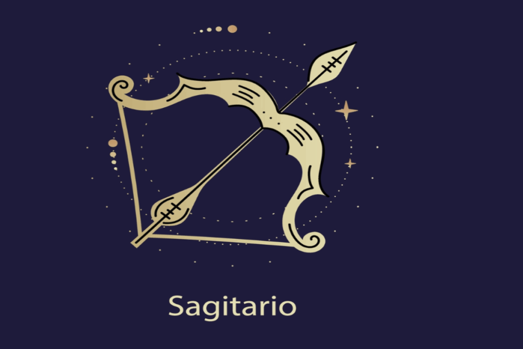 Ilustração amarela do símbolo e do nome do signo de sagitário sobre fundo azul-escuro