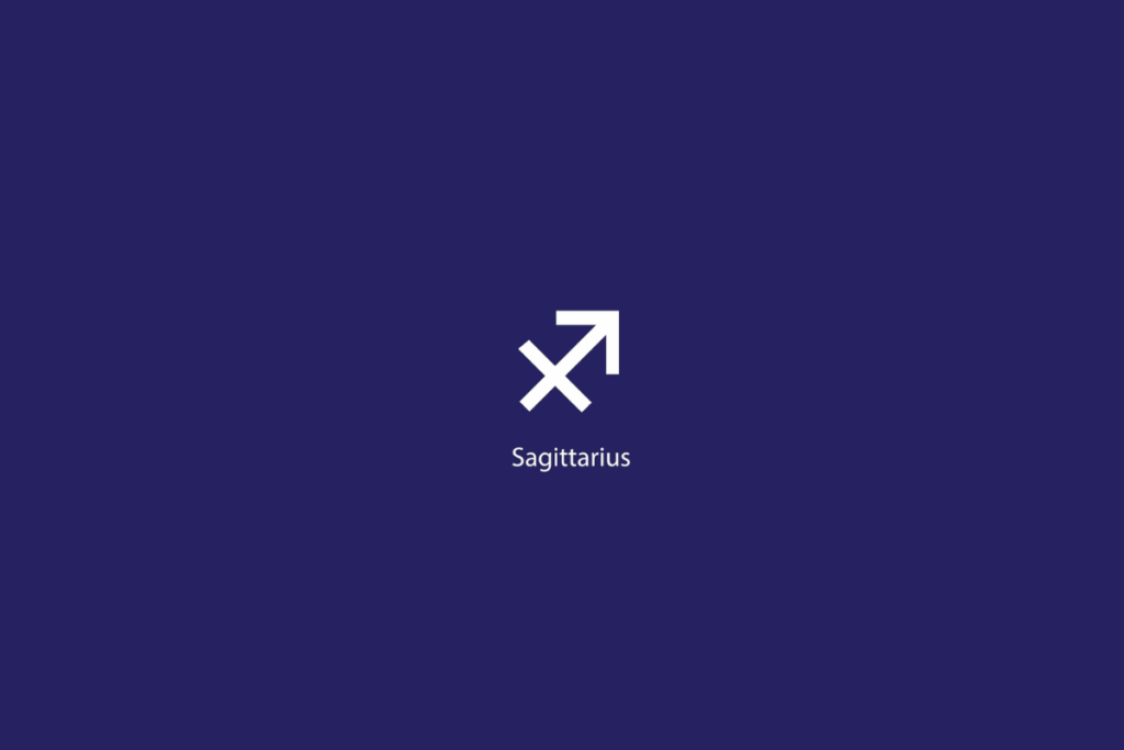 Ilustração do signo de Sagitário em branco, com o nome abaixo, centralizado, sobre um fundo azul-escuro