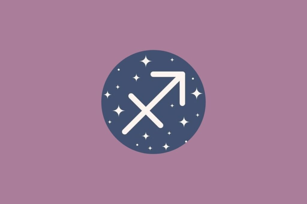 Ilustração de círculo azul com estrelas e símbolo do signo de sagitário sobre fundo roxo