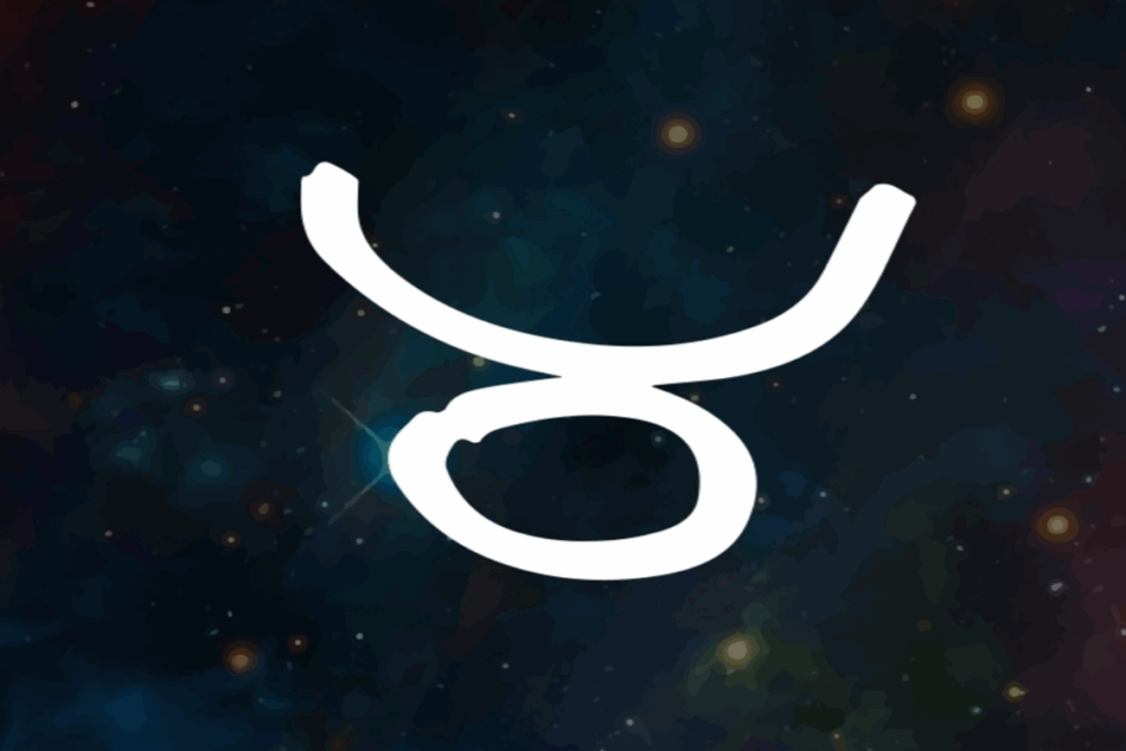 A imagem mostra o símbolo do signo de touro em branco, destacado no centro de um fundo escuro que remete ao espaço, com tons de vermelho, vinho e azul e pequenos pontos luminosos semelhantes a estrelas.