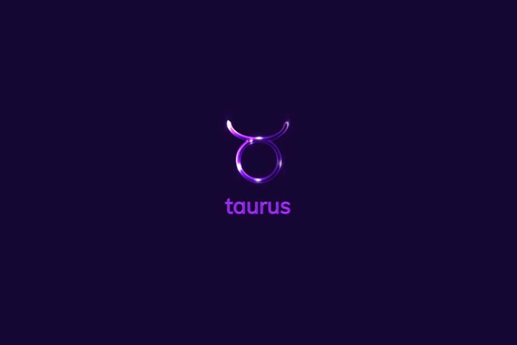 Ilustração do signo de Touro em roxo-claro, com luzes brancas, nome do signo abaixo e composição centralizada sobre fundo roxo-escuro