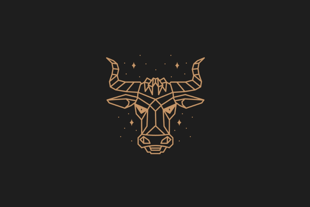 Ilustração do signo de touro em dourado, com estrelas ao redor, centralizada sobre fundo preto