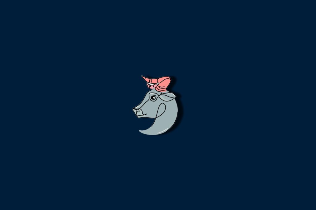 Ilustração de um touro verde com chifre rosa em um fundo azul-escuro