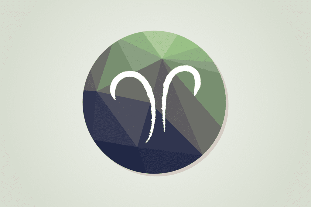 Símbolo de Áries, dois arcos curvados para fora que se unem embaixo numa haste vertical, como os chifres de um carneiro. O traço é branco, estilo pincel, dentro de um círculo com padrão geométrico em verde e azul-marinho, sobre fundo claro.