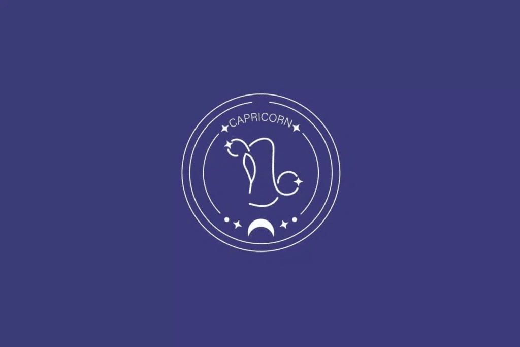 Ilustração do signo de Capricórnio, com símbolo formado por uma linha curva que se enrola na extremidade inferior, em fundo azul-escuro