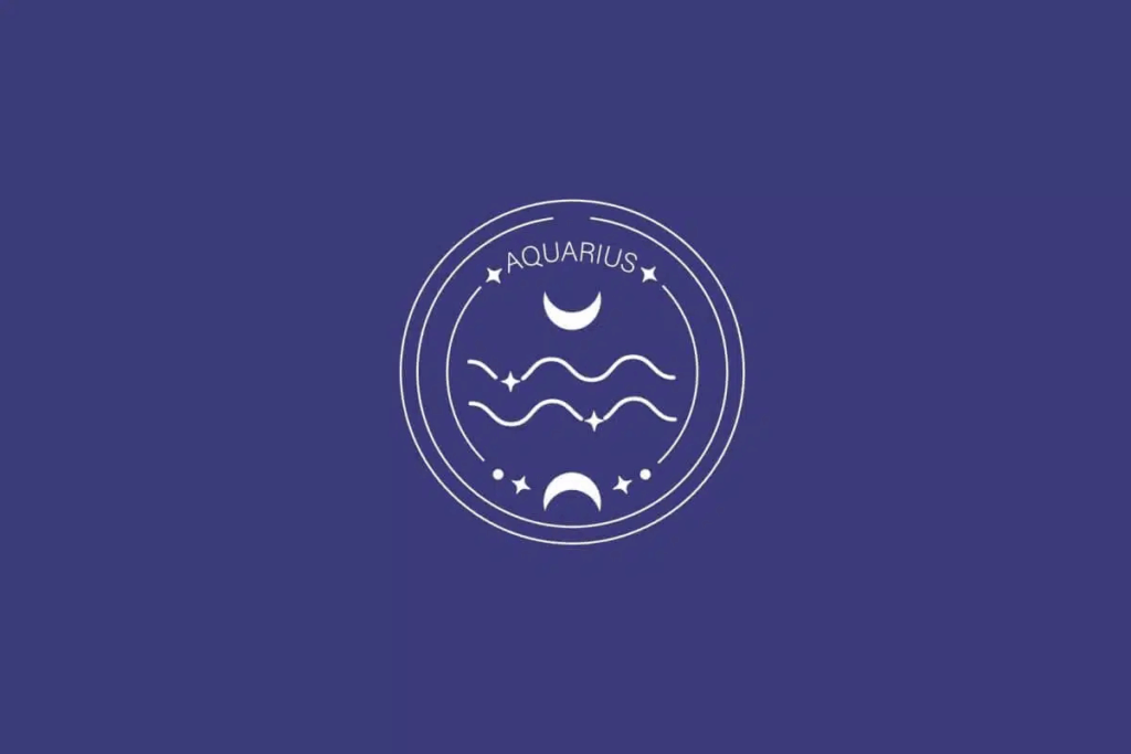 Ilustração do signo de Aquário, com símbolo formado por duas linhas onduladas paralelas, em fundo azul-escuro