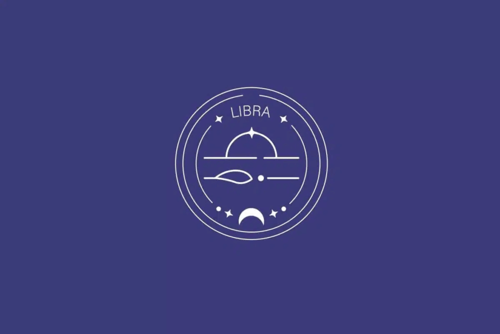 Ilustração do signo de Libra, com símbolo formado por uma linha horizontal e um semicírculo sobre ela, em fundo azul-escuro