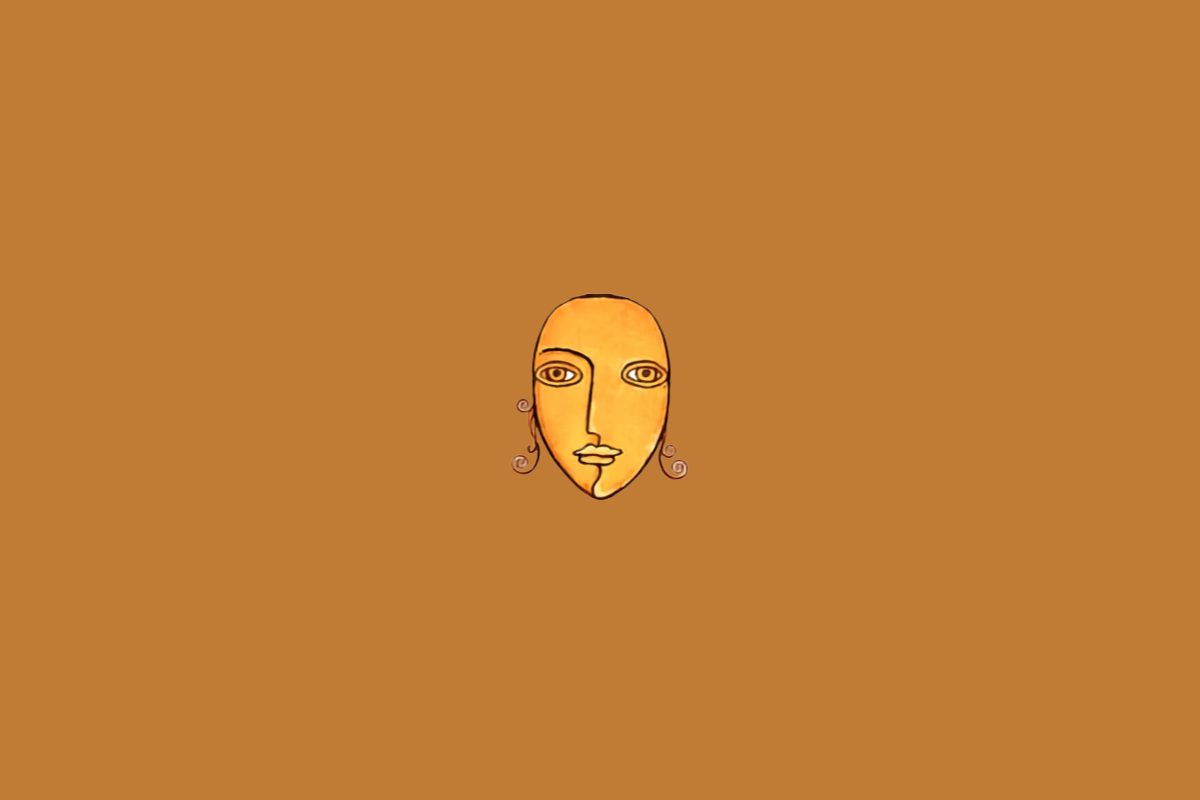 Símbolo do signo de Virgem representado por um rosto humano estilizado em tons de amarelo e laranja, centralizado sobre um fundo marrom-alaranjado.