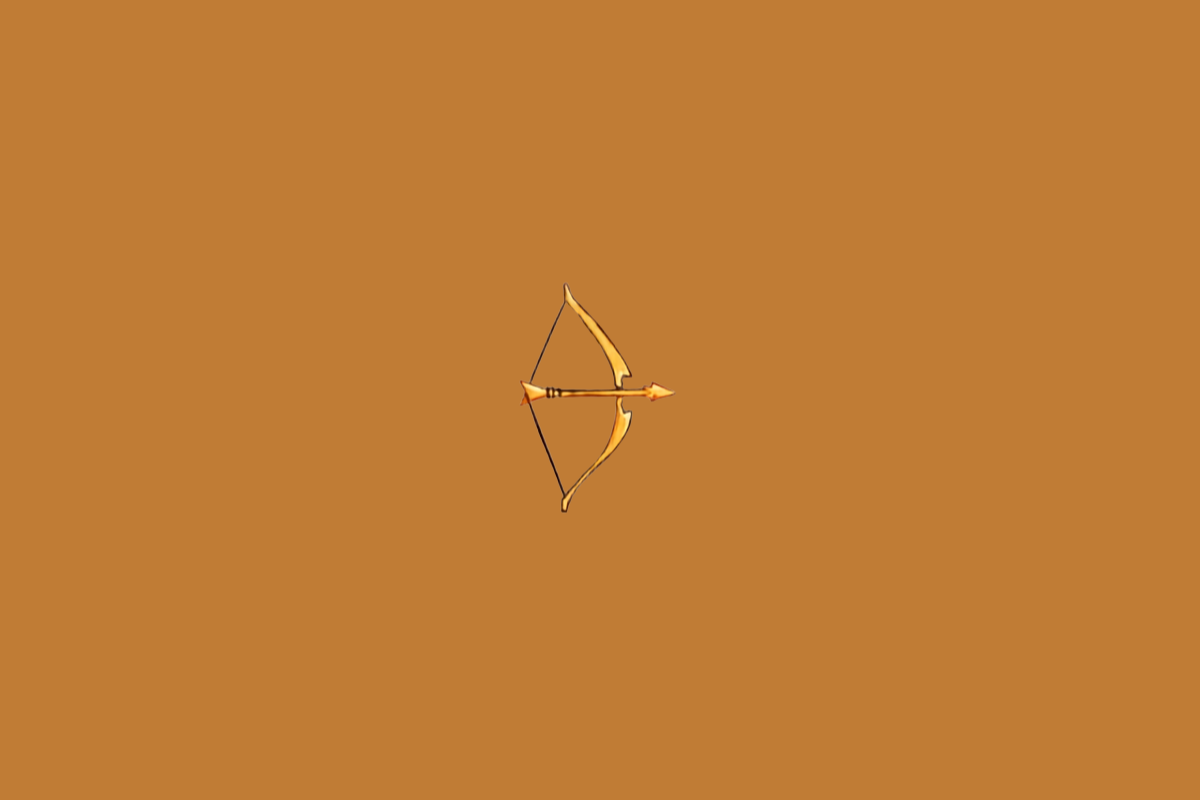 Símbolo do signo de Sagitário representado por um arco dourado com uma flecha apontada para a direita, centralizado sobre um fundo marrom-alaranjado.