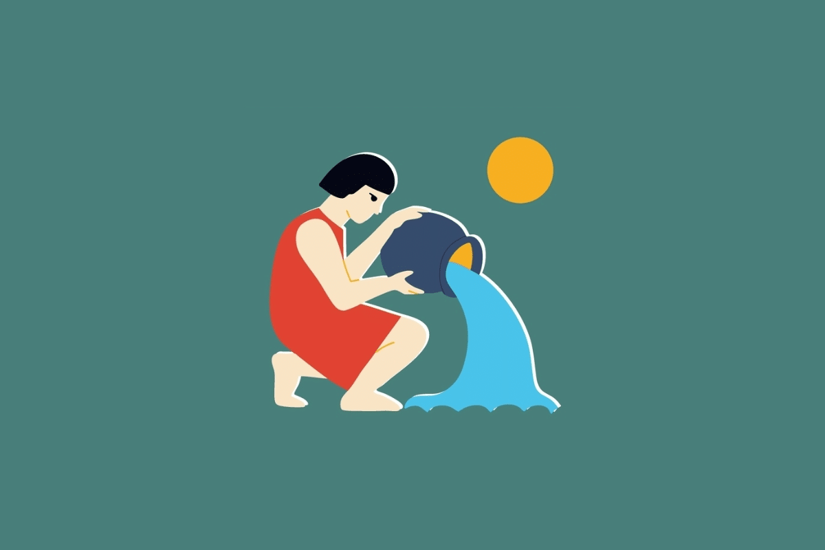 Ilustração estilizada de uma pessoa de vestido vermelho ajoelhada despejando água de um jarro escuro para o chão, com um círculo amarelo representando o sol acima dela, sobre fundo verde-azulado.