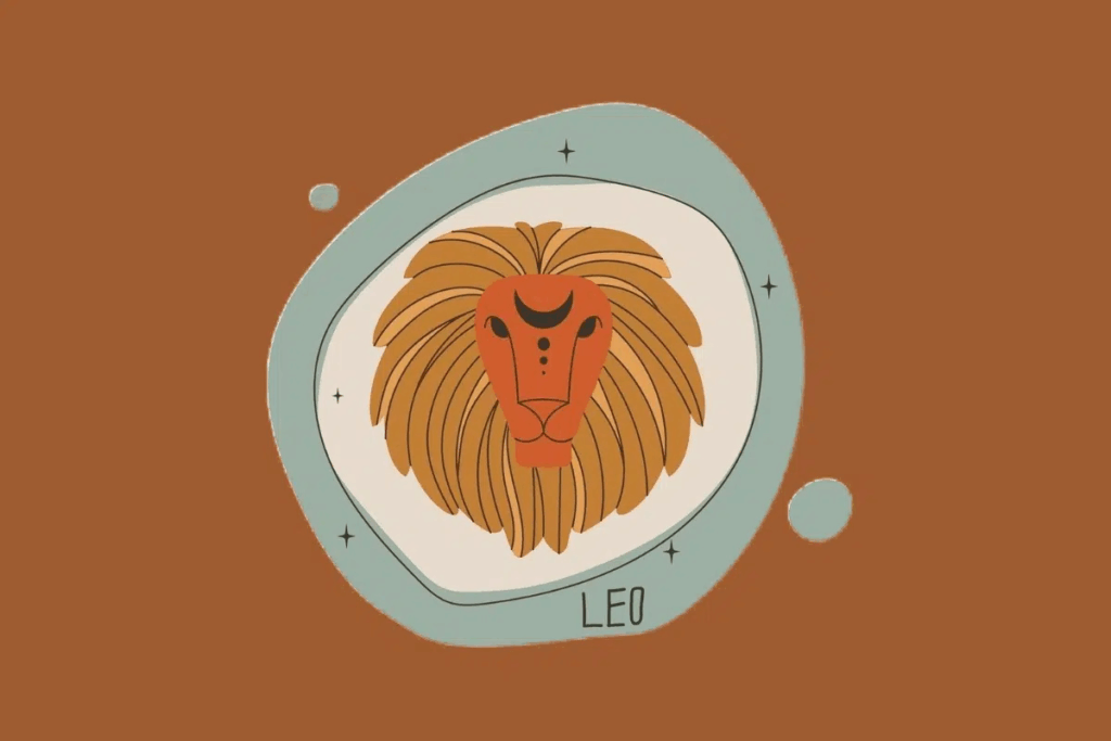 Ilustração estilizada da cabeça de um leão representando o signo de Leão. O animal apresenta uma juba farta em tons de ocre e um rosto alaranjado com o símbolo de uma lua crescente e pontos pretos entre os olhos. O desenho está centralizado em uma moldura arredondada verde-água com detalhes de faíscas pretas, sobre um fundo marrom 