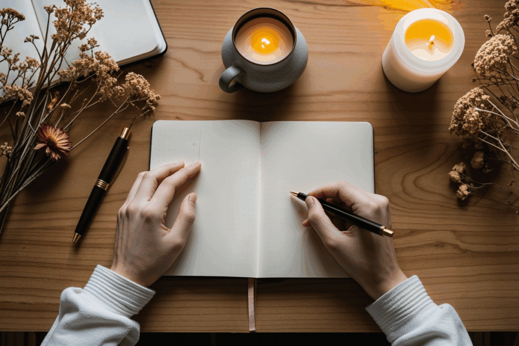 Visão superior de uma pessoa escrevendo com uma caneta preta em um caderno aberto sobre uma mesa de madeira, acompanhada de velas acesas e arranjos de flores secas.