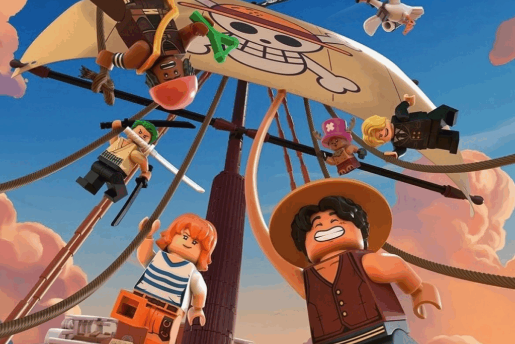 Personagens de One Piece recriados em estilo minifigura LEGO a bordo do navio Going Merry. No centro e em destaque, Luffy segura uma corda e sorri. Ao seu redor, no convés e nos mastros, estão Nami, Zoro, Usopp, Sanji e Chopper.