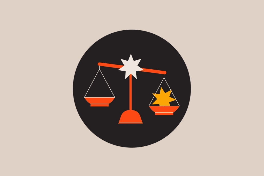 Ilustração do signo de Libra representando uma balança vermelha estilizada com uma estrela amarela sobre um dos pratos.