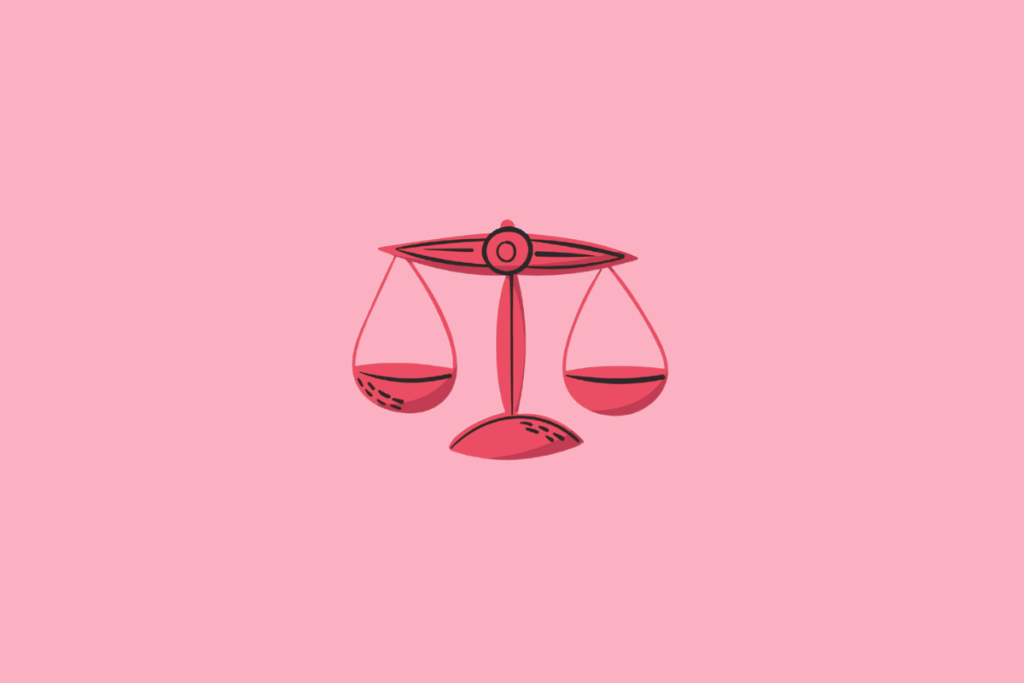 Ilustração simples do signo de Libra, representada por uma balança de dois pratos rosa vibrante sobre um fundo rosa claro.