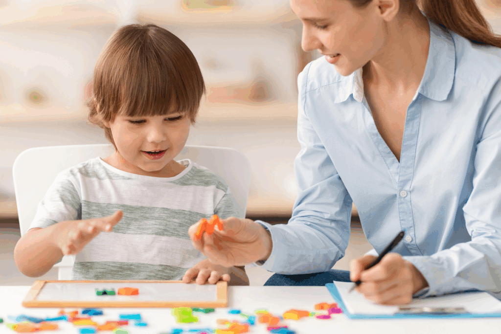 Uma mulher sorridente usando camisa azul clara apoia uma criança pequena enquanto junta letras coloridas de brinquedo em uma mesa.