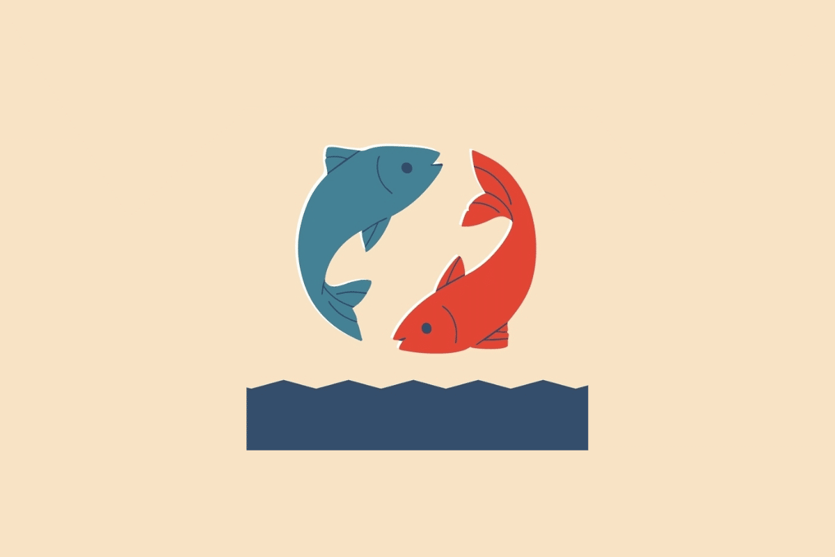 Ilustração de dois peixes — um azul e um vermelho — dispostos em formato circular como se estivessem se seguindo acima de uma representação estilizada do oceano, sobre fundo bege.