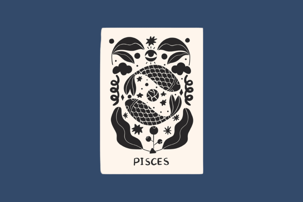 Uma carta vertical em tons de creme sobre um fundo azul-petróleo. A ilustração em preto, estilo carimbo recortado, mostra dois peixes grandes com escamas, nadando em círculos opostos um sobre o outro. O desenho é preenchido com ramos botânicos frondosos, bagas redondas, estrelas pontiagudas, formas de diamantes e flores em forma de leque. Abaixo da ilustração, a palavra "PISCES" em letras maiúsculas sans-serif em preto.