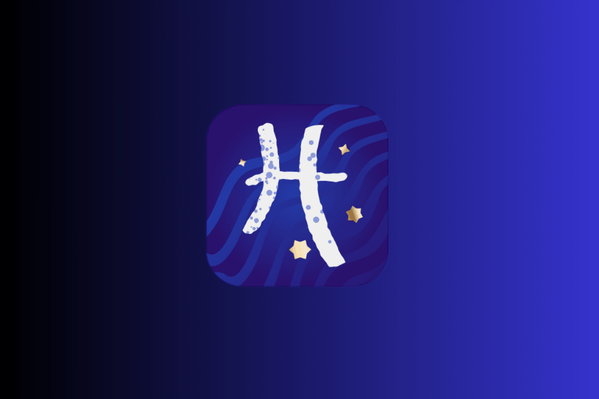 Ilustração com fundo azul e roxo exibindo um ícone central do signo de Peixes em tom branco, semelhante à letra "H", cercado por pequenas estrelas douradas.