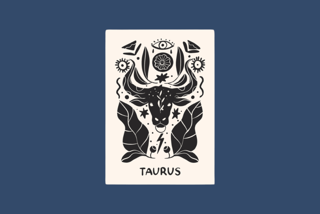 Uma carta vertical em tons de creme sobre um fundo azul-petróleo. A ilustração em preto, estilo carimbo recortado, mostra a cabeça de um touro central com grandes chifres curvados e um anel no nariz. O desenho é simétrico e preenchido com grandes folhas botânicas, um olho místico no topo, estrelas pontiagudas e um símbolo de raio na base. Abaixo da ilustração, a palavra "TAURUS" em letras maiúsculas sans-serif em preto.
