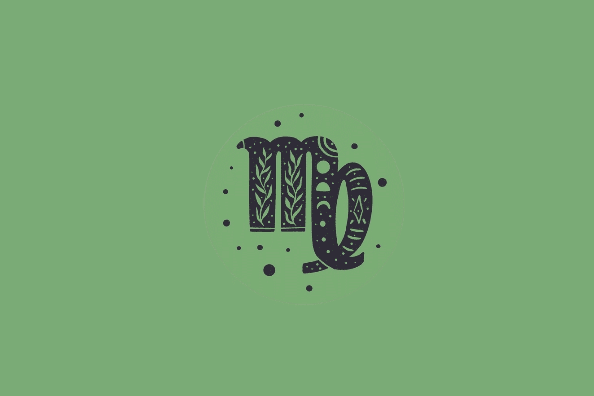 Símbolo do signo de Virgem desenhado com detalhes botânicos e pequenos pontos escuros ao redor, centralizado em um círculo sobre fundo verde-médio.