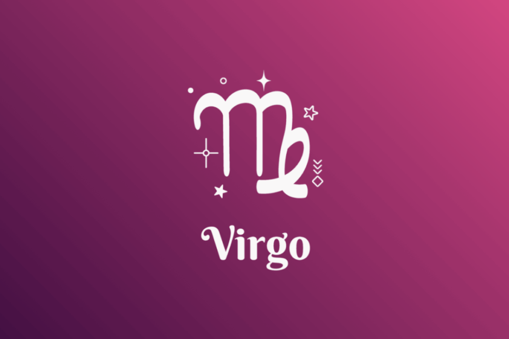 Imagem com fundo em gradiente de roxo para rosa, apresentando o símbolo branco do signo de Virgem (a letra M com a ponta curvada para dentro) cercado por estrelas e pequenos elementos místico-astrológicos. Abaixo do símbolo, está escrita a palavra "Virgo".