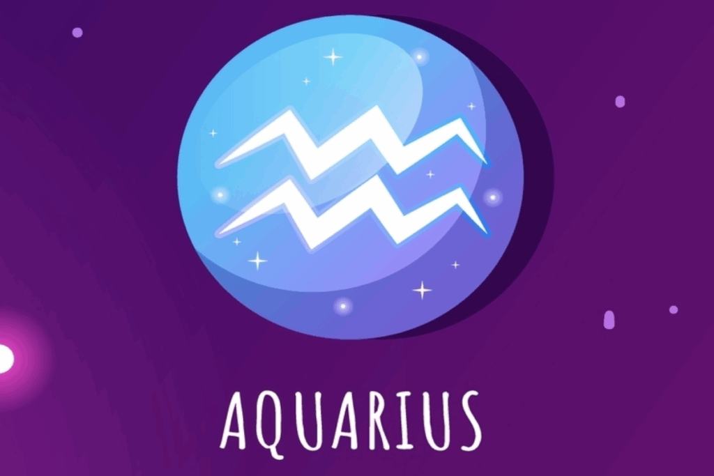 Ilustração do símbolo de Aquário em branco, formado por duas linhas em zigue-zague, sobre um círculo azul e lilás com estrelas. A palavra “Aquarius” aparece abaixo.