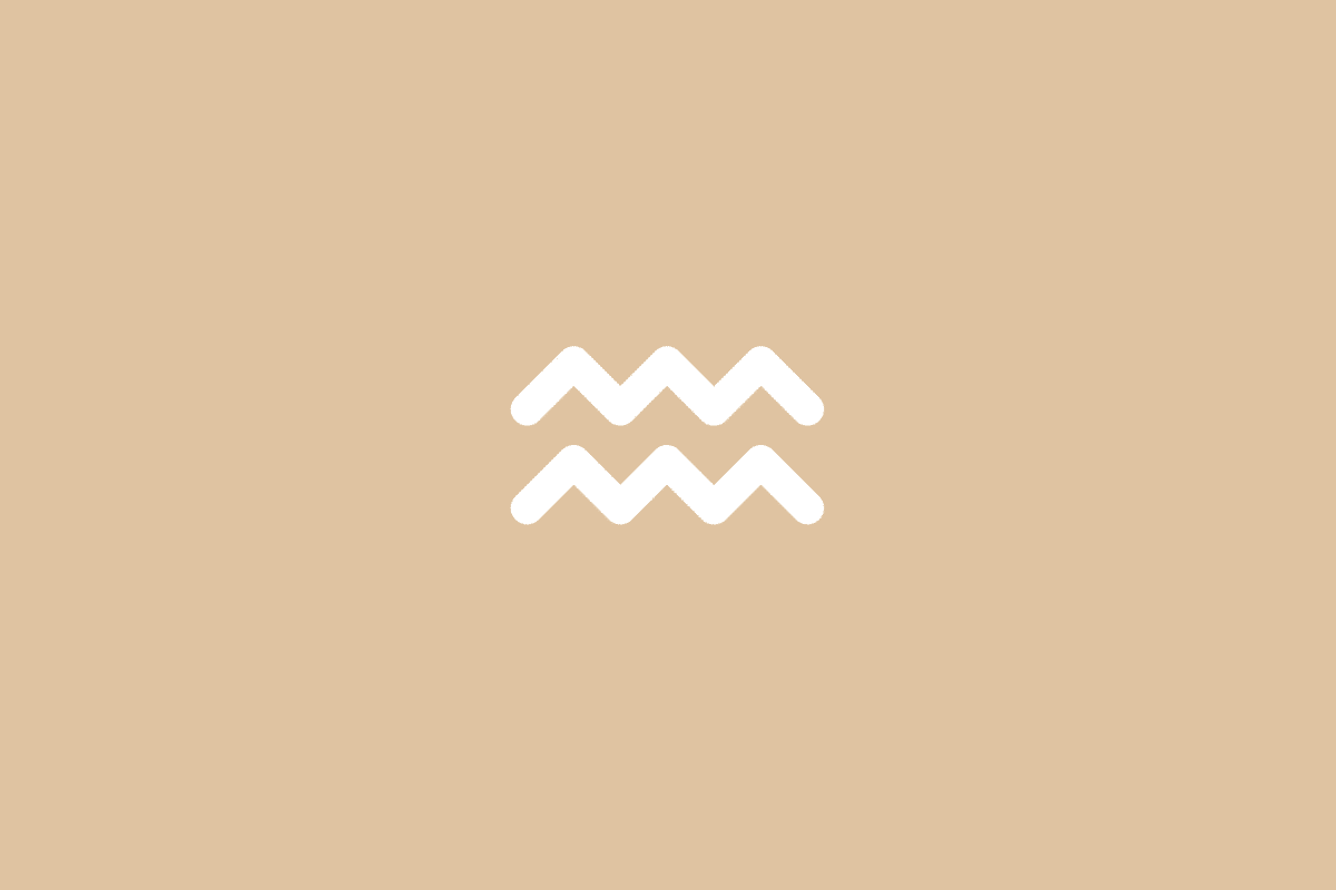 Ilustração minimalista do símbolo do signo de Aquário em linha branca contínua, formada por duas linhas paralelas em formato de ondas zigue-zague, centralizada sobre um fundo bege em tom pastel