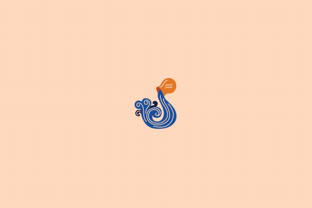 Ilustração de um símbolo associado ao signo de Aquário, representado em azul e laranja sobre fundo pêssego.