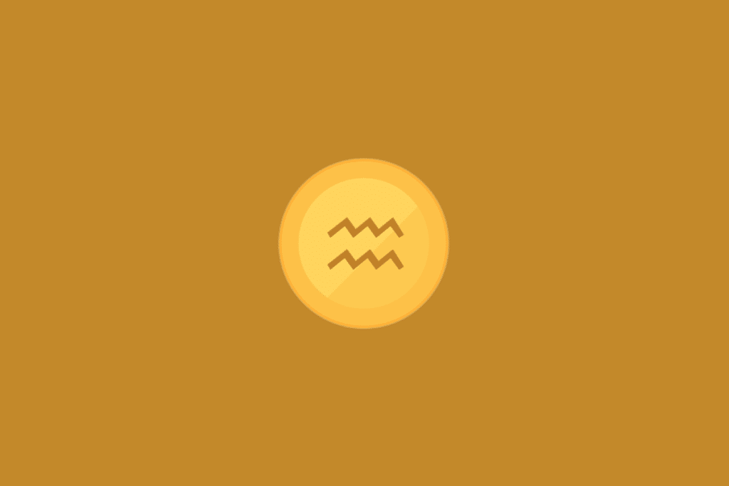 Ilustração minimalista do signo de Aquário, com o símbolo astrológico em tom marrom-dourado no centro de um círculo amarelo, sobre fundo uniforme em tom mostarda.