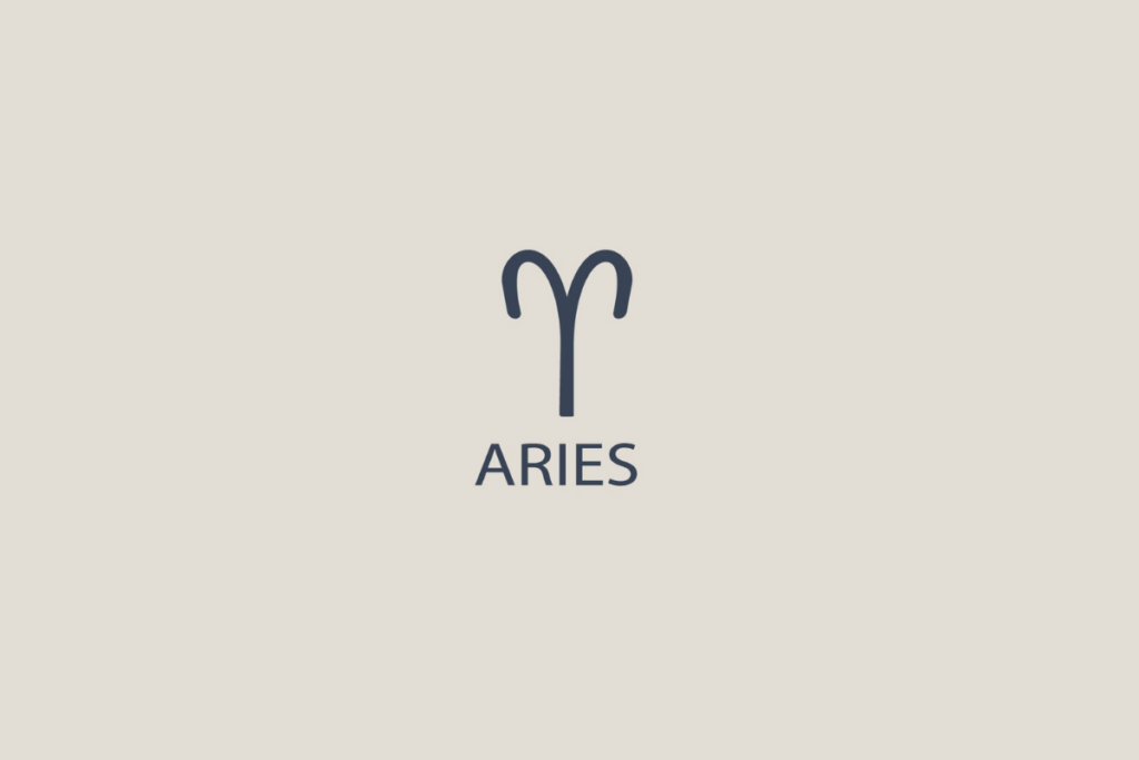 Símbolo minimalista do signo de Áries em tom cinza-escuro sobre fundo bege claro, com a palavra "ARIES" escrita abaixo em letras maiúsculas