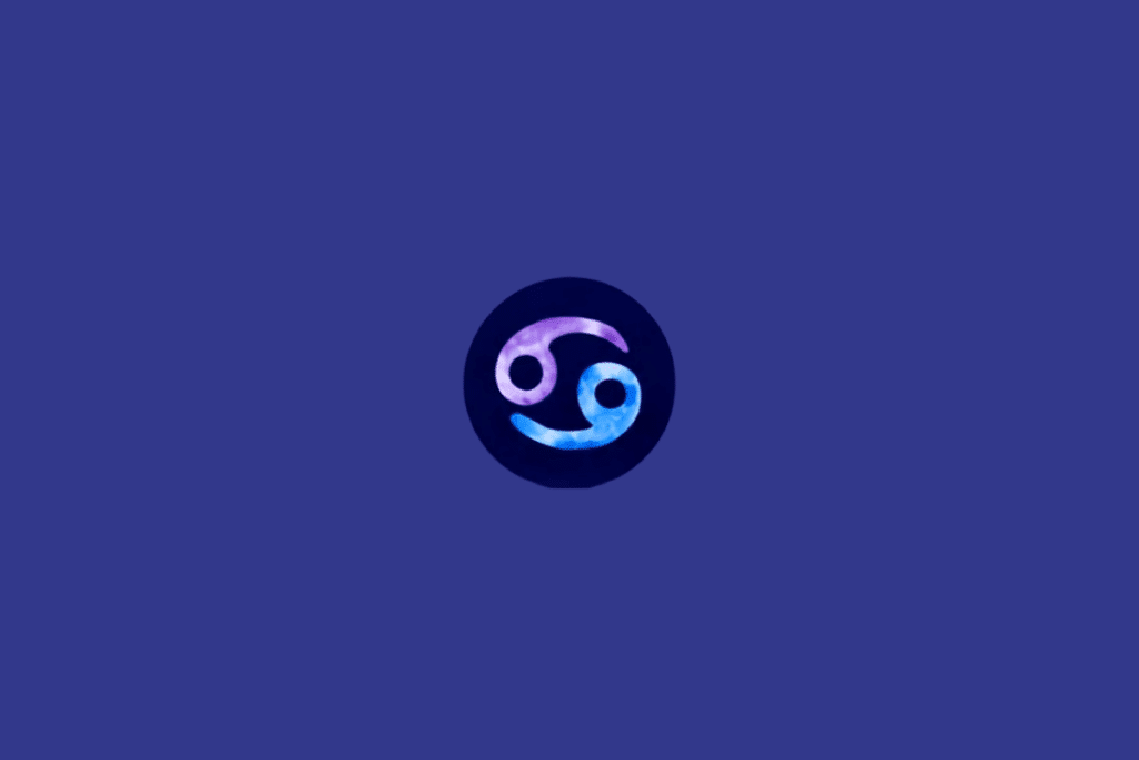 Símbolo do signo de Câncer em tons de roxo e azul em círculo azul escuro, em fundo azul.