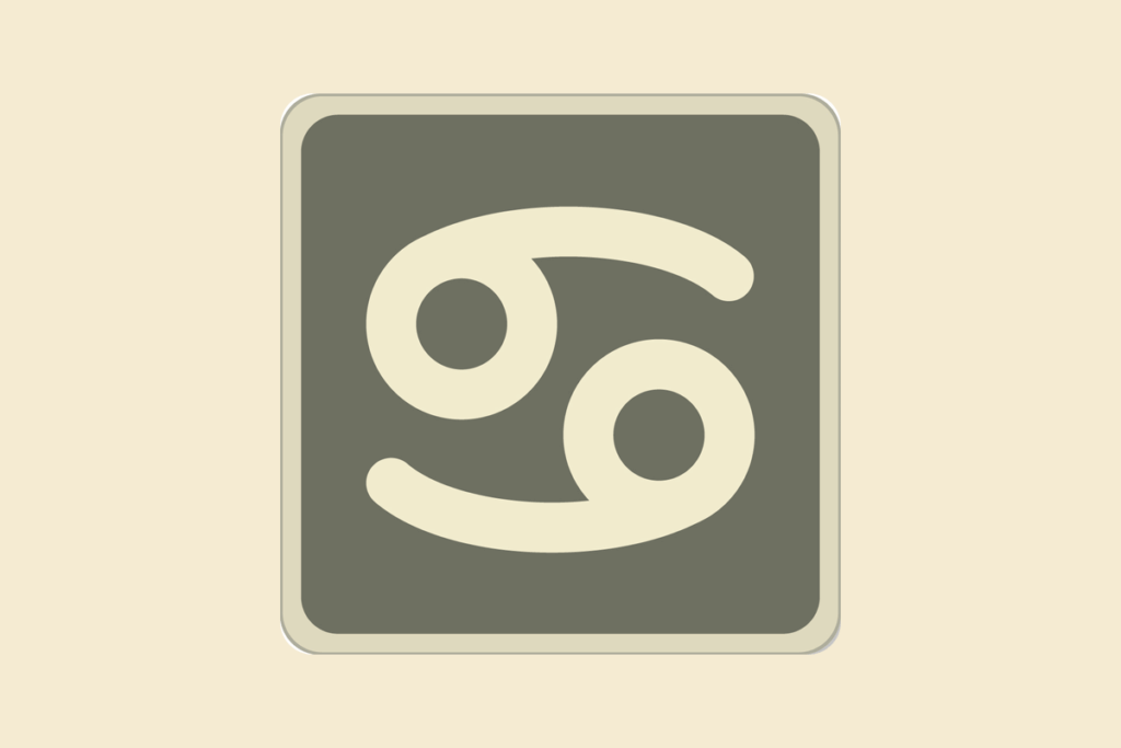 Símbolo do signo de Câncer, dois círculos com caudas espiraladas, em bege se complementando sobre quadrado cinza-esverdeado, com fundo amarelo-palha.